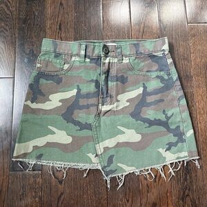 Aritzia TNA Camo Denim Mini Skirt with Frayed Hem